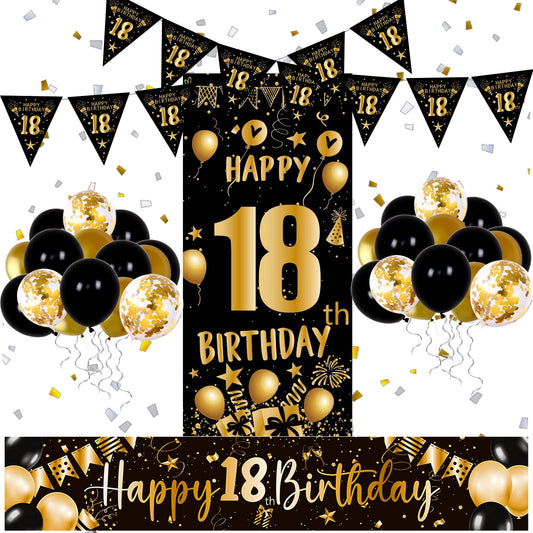 18th Birthday Decorations for Boys Girls-Happy 18 th Brithday Banners Black and Gold HAPPY 18th BIRTHDAY Balloons Decorations for 18th Brthday