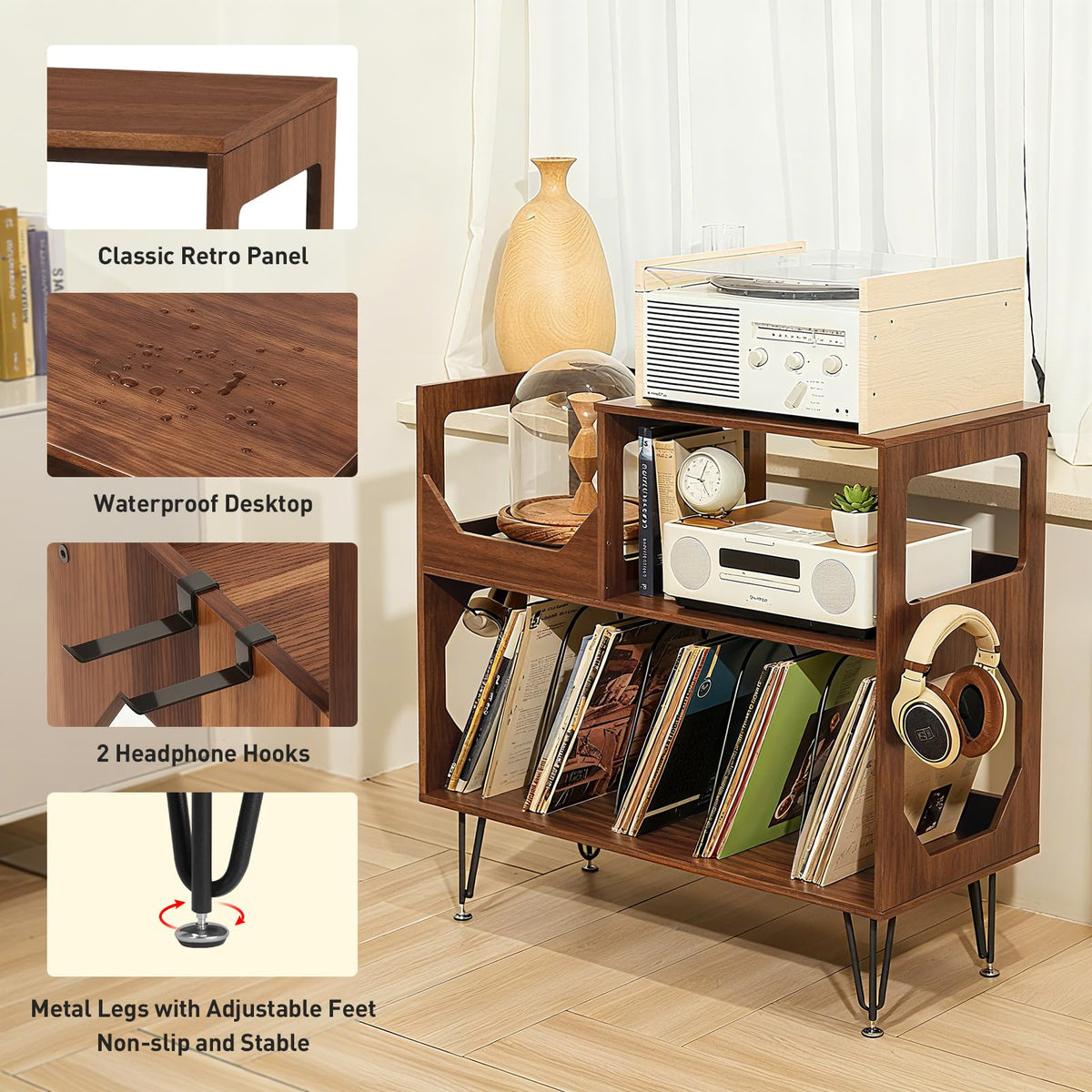 ikkle Large Rustic Record Player Stand, 2 Tier Record Player Table with Vinyl Record Storage, Vinyl Storage Cabinet with Metal Legs