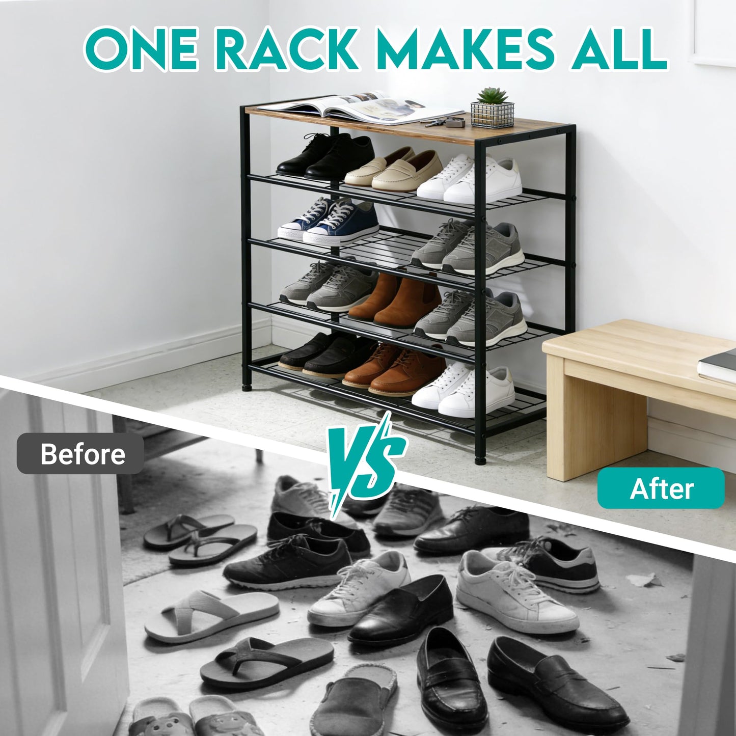 ZOESTORAGE Shoe Rack,5 Tier Shoe Racks for 16 Pairs,Metal Shoe Rack With Wooden Seat for Hallway, Entryway, Living Room,60 x 30 x 85cm,Rustic Brown