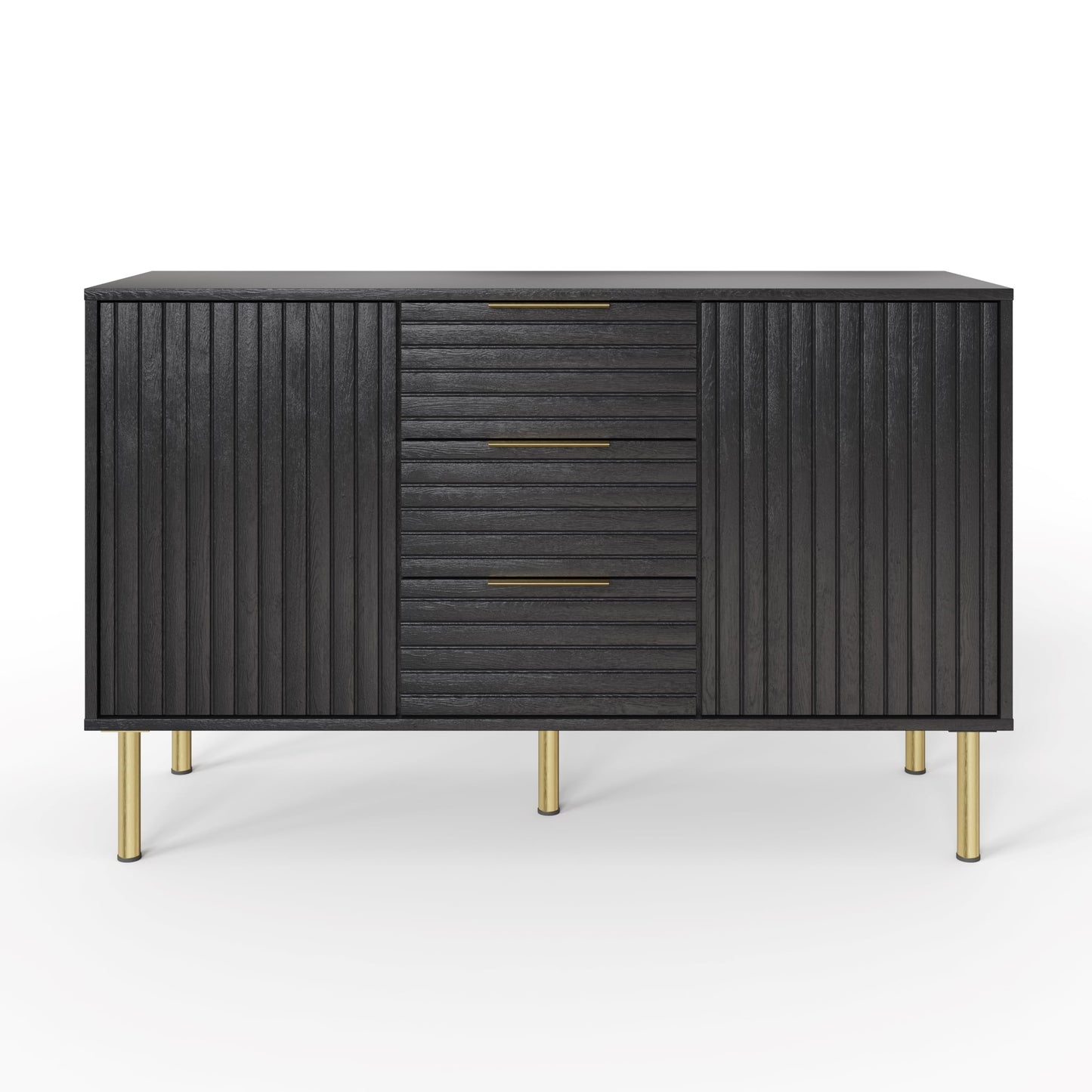 GFW Nervata Sideboard, Black Storage Cabinet with 3 Drawers and 2 Doors, Art Deco Style Sideboard with Gold Accents and Wood Grain Texture for Living