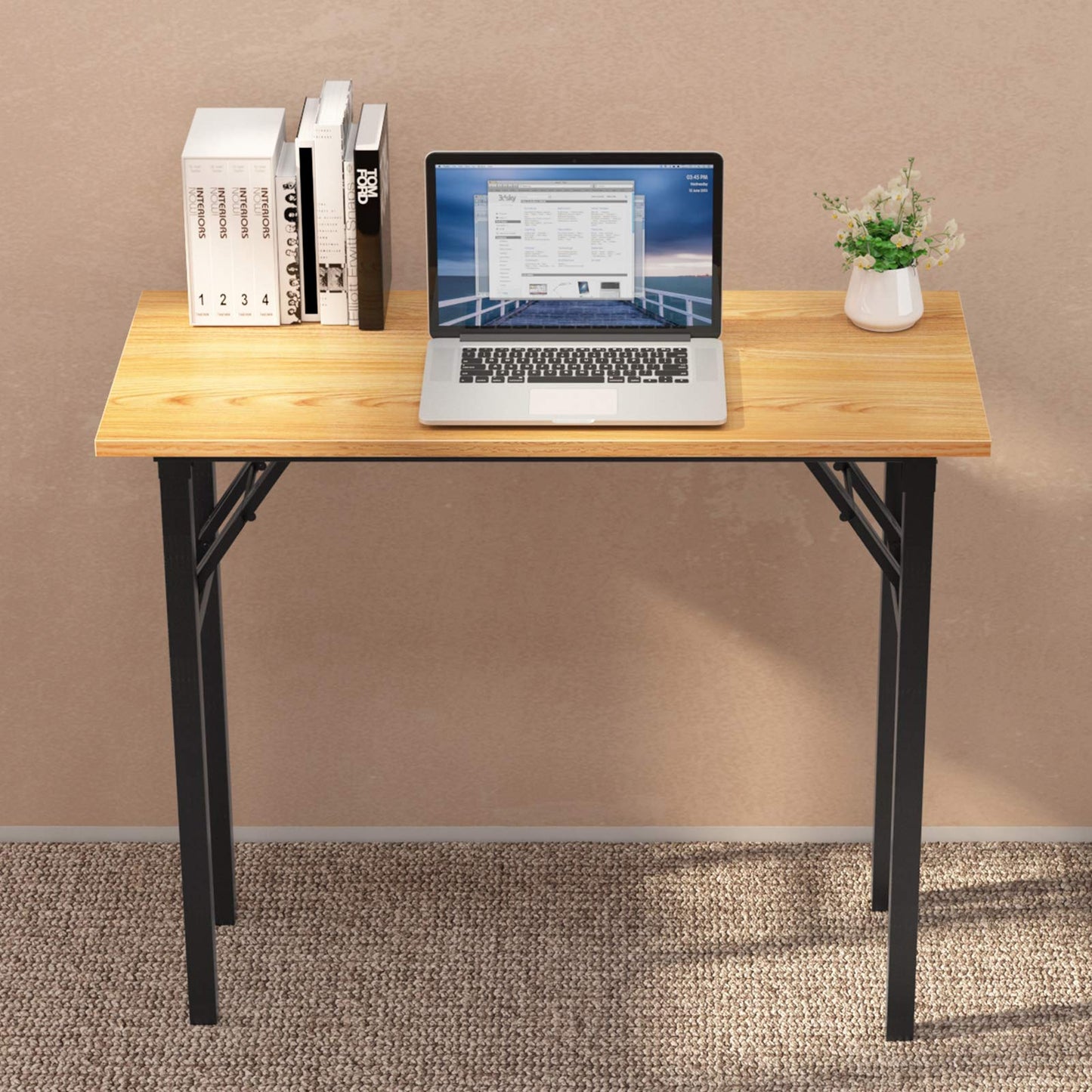 sogesfurniture Folding Table Office Study Writing Desk Workstation Dining Table, No Install Needed, 80x40x75cm, Teak&Black BHEU-LP-AC5YB-8040