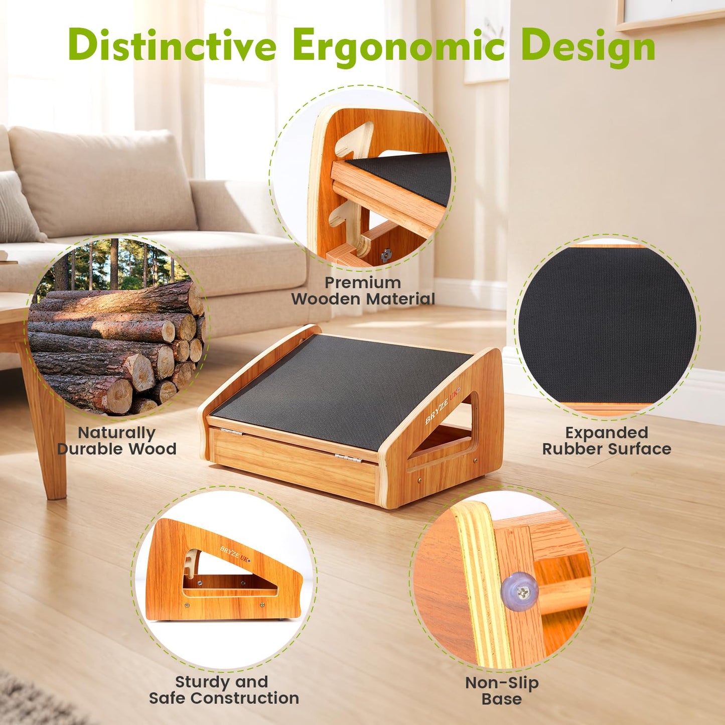 Ergonomic Under Desk Footrest, Adjustable Wooden Office Footrest with 3 Heights, Large Anti-Slip Surface, Supports Posture & Blood Circulation