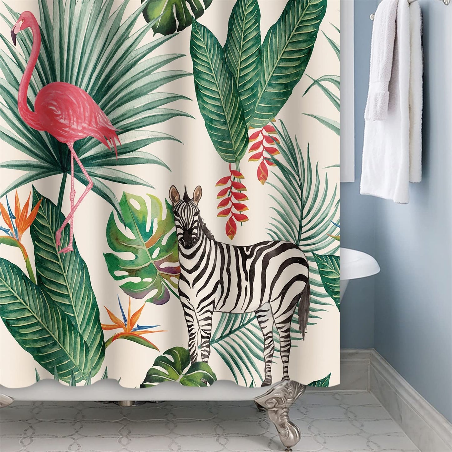 SDOTPMT 90x183cm Flamingo Shower Curtain Tropical Palm Tree Green Leaves Banana Leaf Horse Bath Curtain Summer Theme Bathtub Curtain Fabric Polyester