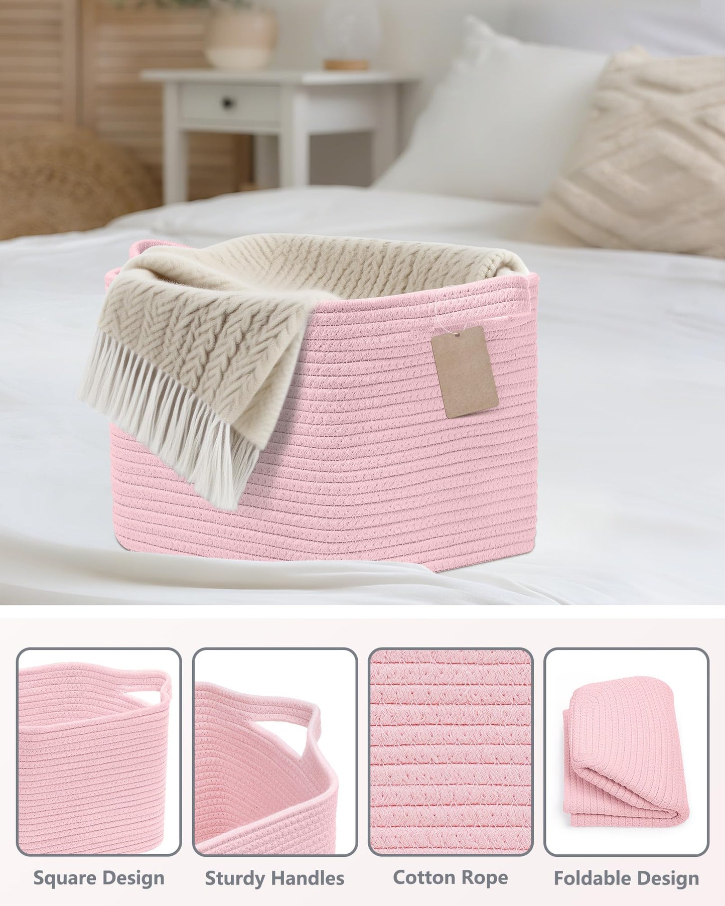 JOJOSEE Small Cotton Woven Storage Basket for Shelves, Pink, 3PCS