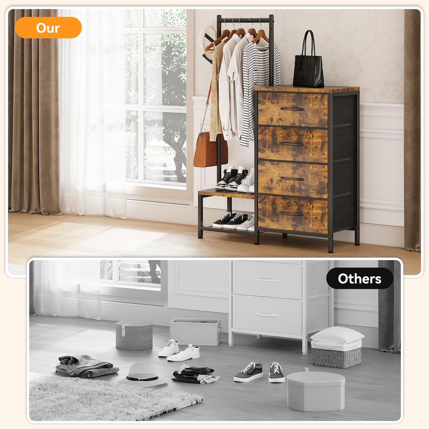 ODK 3 in 1 Chest of Drawers Bedroom, 4 Fabric Drawers, Retro color