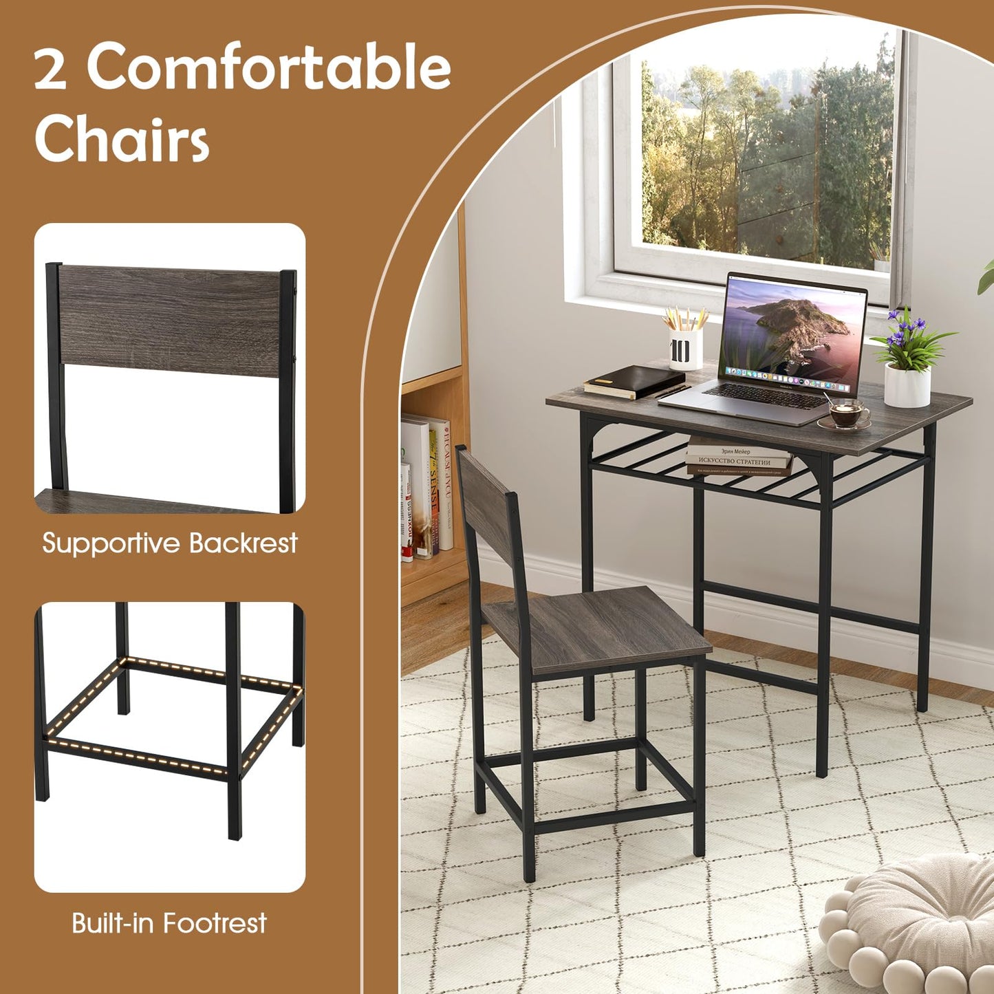 GiantexUK 3PCS Dining Table Set, Wooden Dining Table and Chairs with Storage Rack & Convenient Footrests