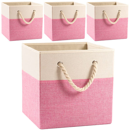 Prandom Foldable Cube Storage Bins 28x28x28cm 4-Pack Fabric Linen Storage Baskets Cubes Drawer with Cotton Handles Organizer for Shelves Closet