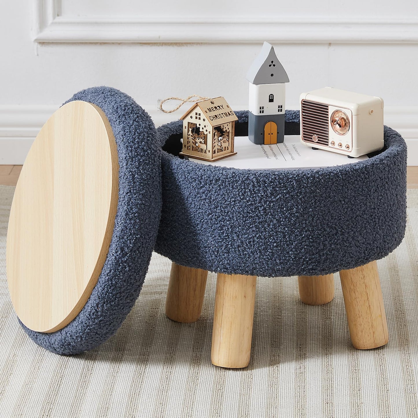 BRIAN & DANY Footstool with Storage, Small Storage Ottoman, Teddy Fleece Round Stool with Lid, Sherpa Foot Stool with Legs for Living Room Entryway