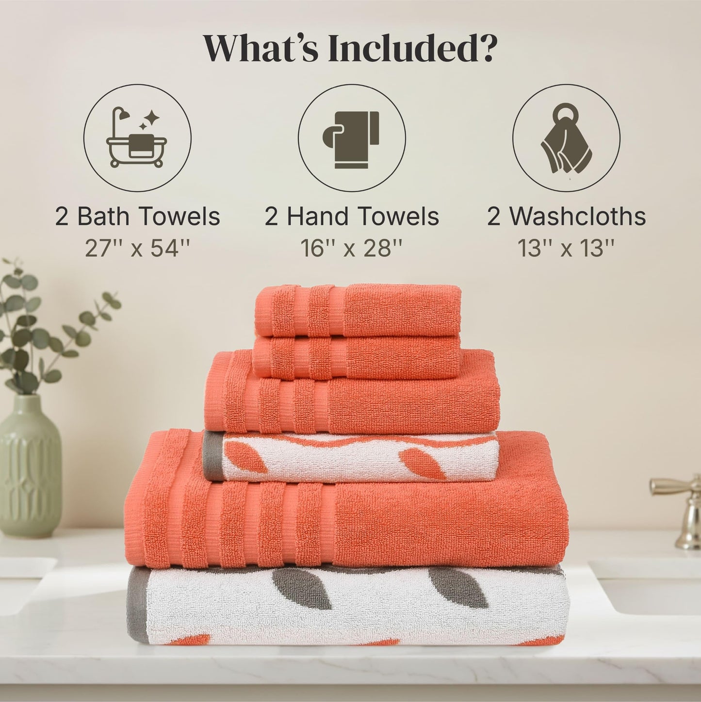 Amrapur Pacific Coast Textiles 6 Pc Yarn Dyed Towel Organic Vines Coral, 6-Piece