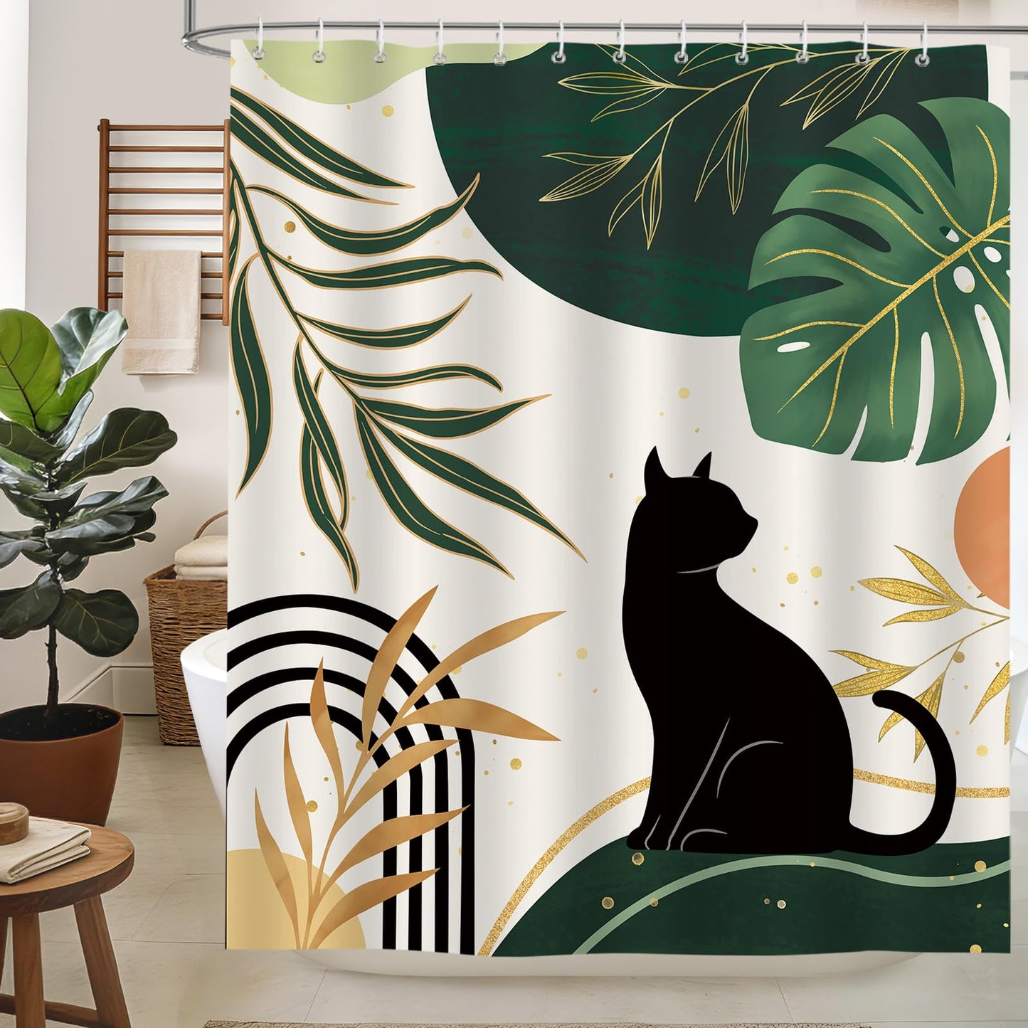 hometrixx Boho Black Cat Palm Leaf Sun Shower Curtain Green 72X72Inch