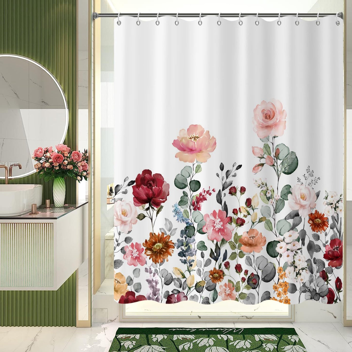 GCIREC Floral Shower Curtain, 180x180cm, Rustic Colorful Floral with Green leaves Wildflowers Waterproof Fabric Machine Washable Bathroom Curtain