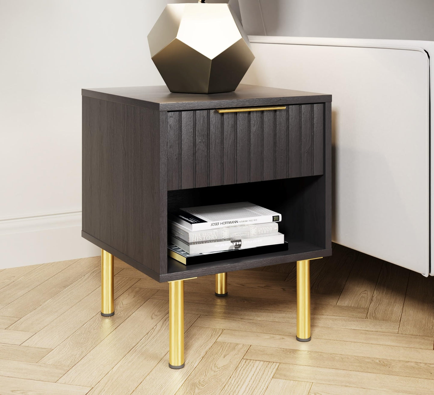 GFW Nervata Lamp Table, Black Side Table with Drawer Storage, Art Deco Style End Table with Gold Accents and Wood Grain Texture for Living Room and