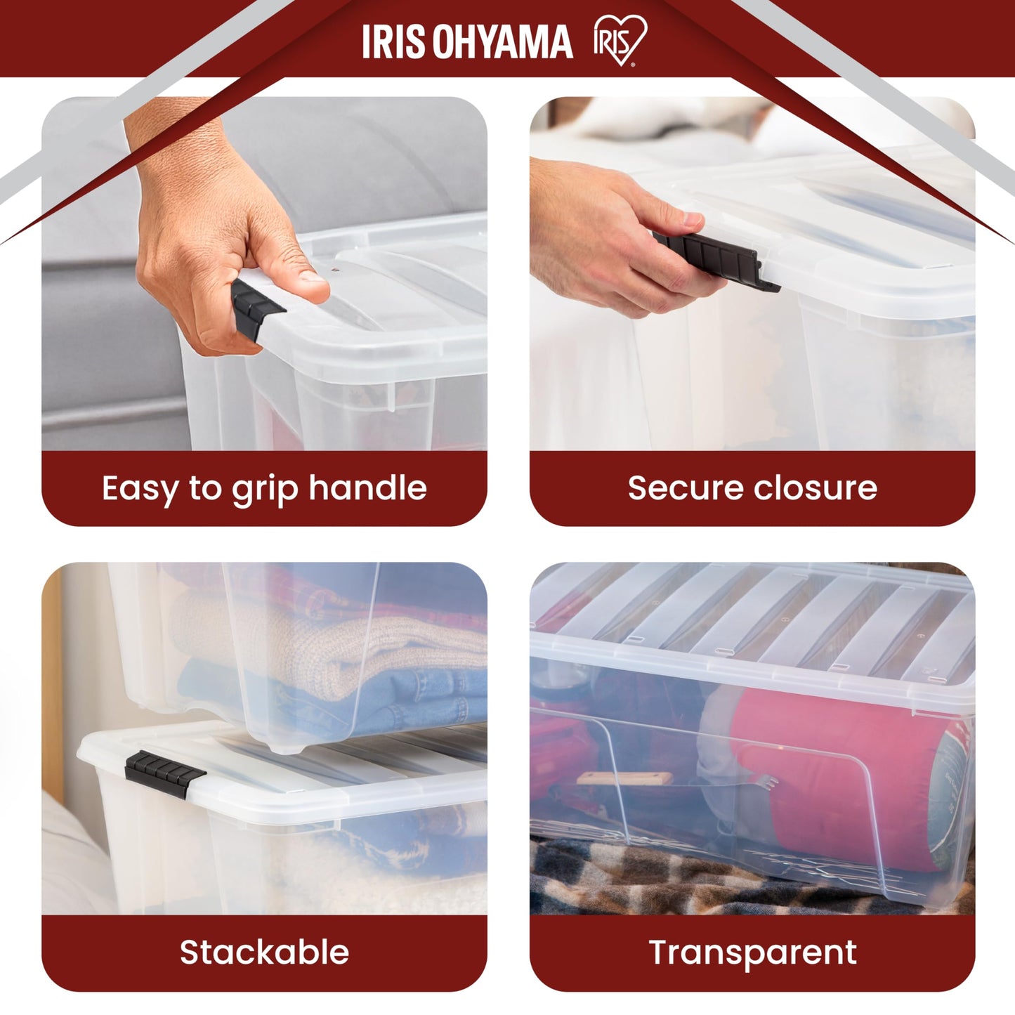 Iris Ohyama, Large Plastic Storage Boxes with Lids, 80L, Set of 4, Clear, Latching Buckles with Handles, Stackable, Nesting, Strong & Durable