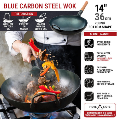 YOSUKATA Blue Carbon Steel Wok and Stir Fry Pans 36 cm- Chinese Hammered Round Bottom Pow Wok - Traditional Chinese Japanese Cookware - Blue Steel
