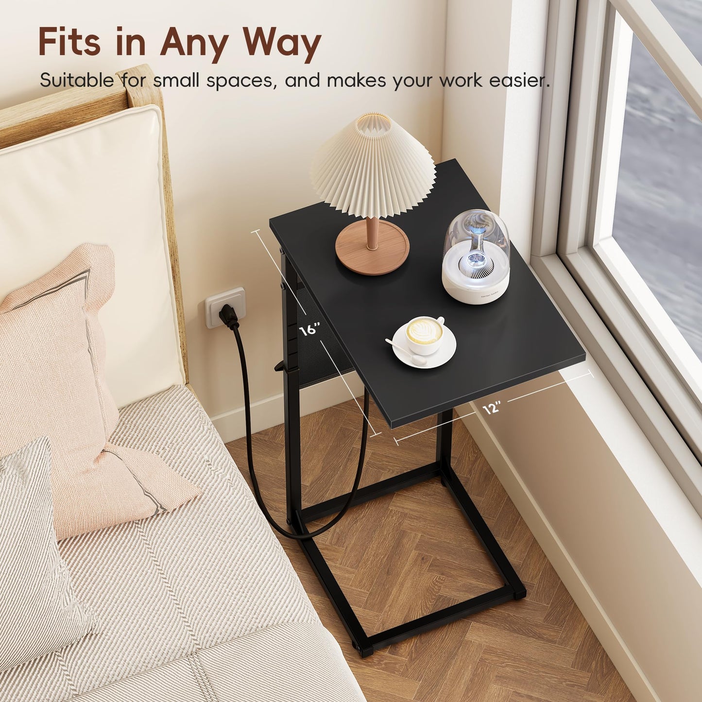 Vagusicc C-Shaped Side Table with Charging Station, Height Adjustable Sofa Side Table, Bedside Table, End Table for Small Spaces