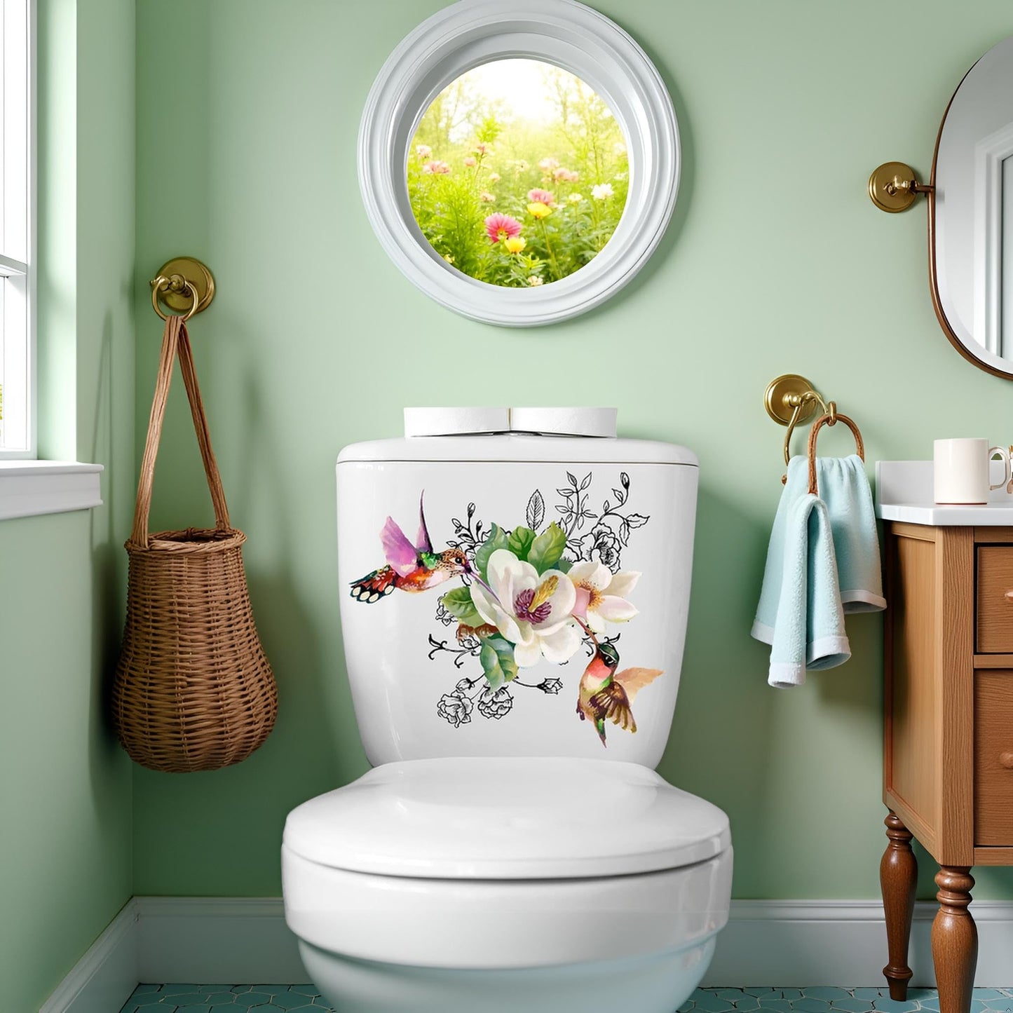 Birds Flowers Butterfly Toilet Seat Lid Stickers Self-Adhesive Bathroom Wall Sticker Toilet Seat Decals DIY Removable Waterproof Toilet Sticker for