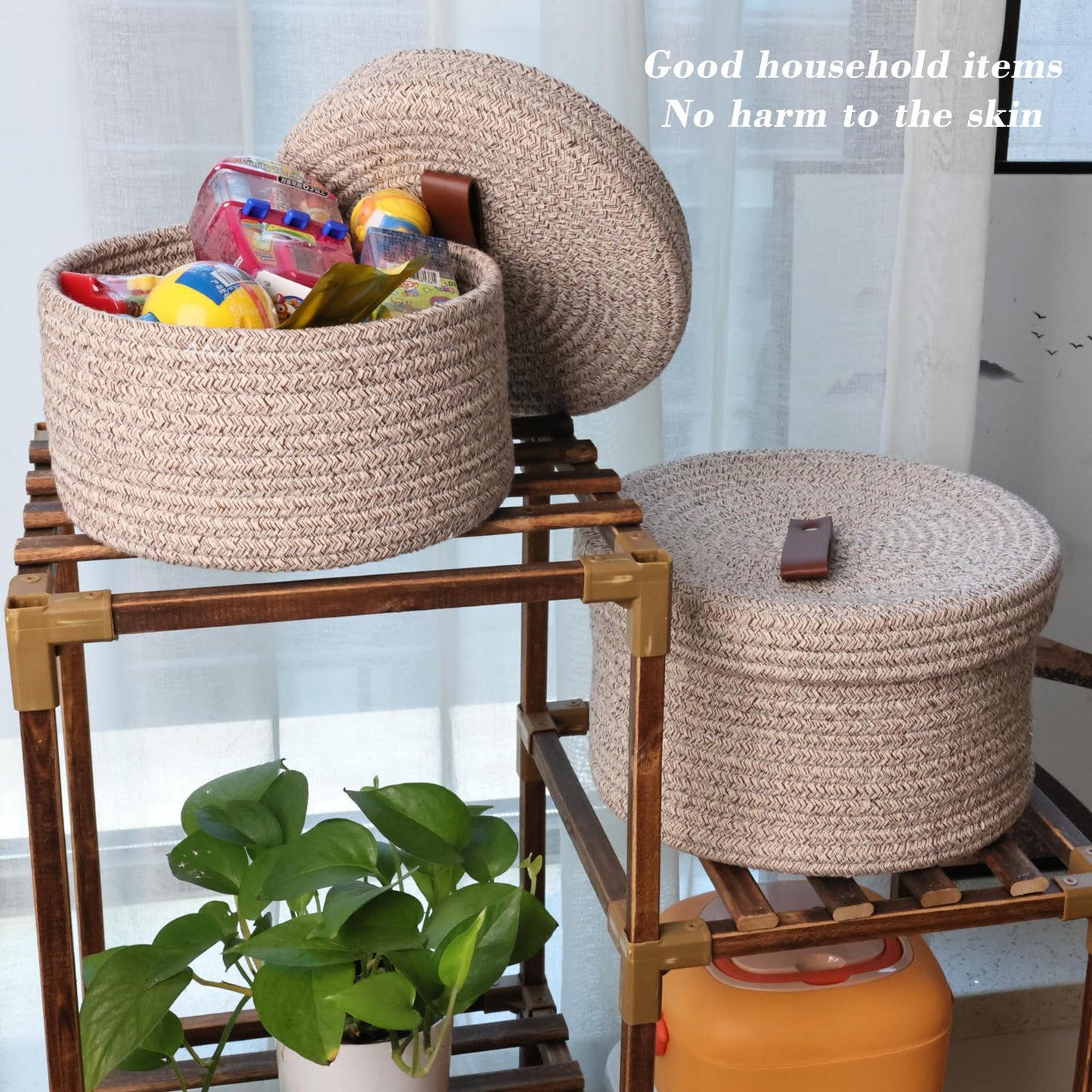 Yearonan Set of 2 Round storage baskets with lids,With Leather Handles for Closet Storage,Toy,Living roon,Towel Basket,Bathroom storage,Stackable