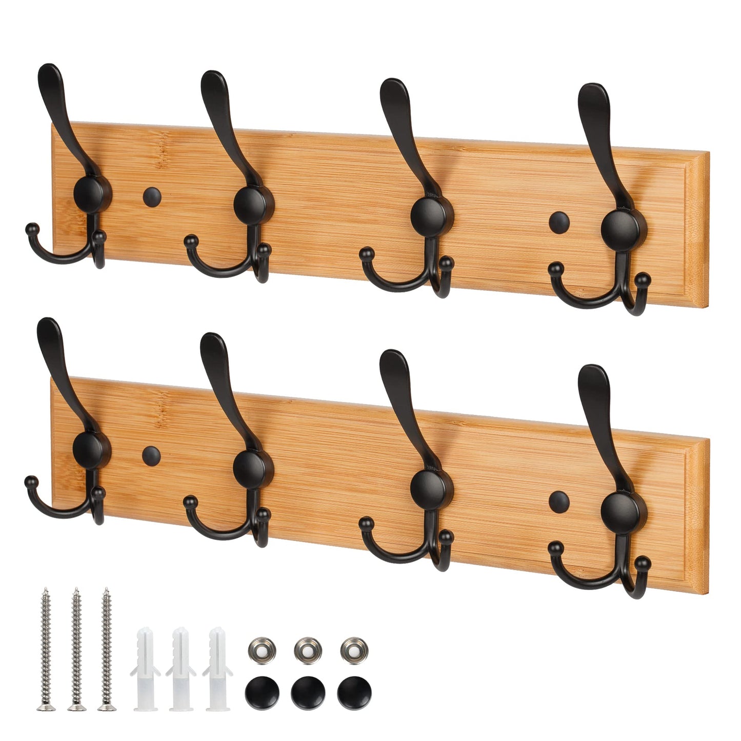 GlazieVault Bamboo Coat Hooks for Wall - Stainless Steel Coat Racks (2 Pack) - Heavy Duty Wooden Coat Hook Wall Mounted