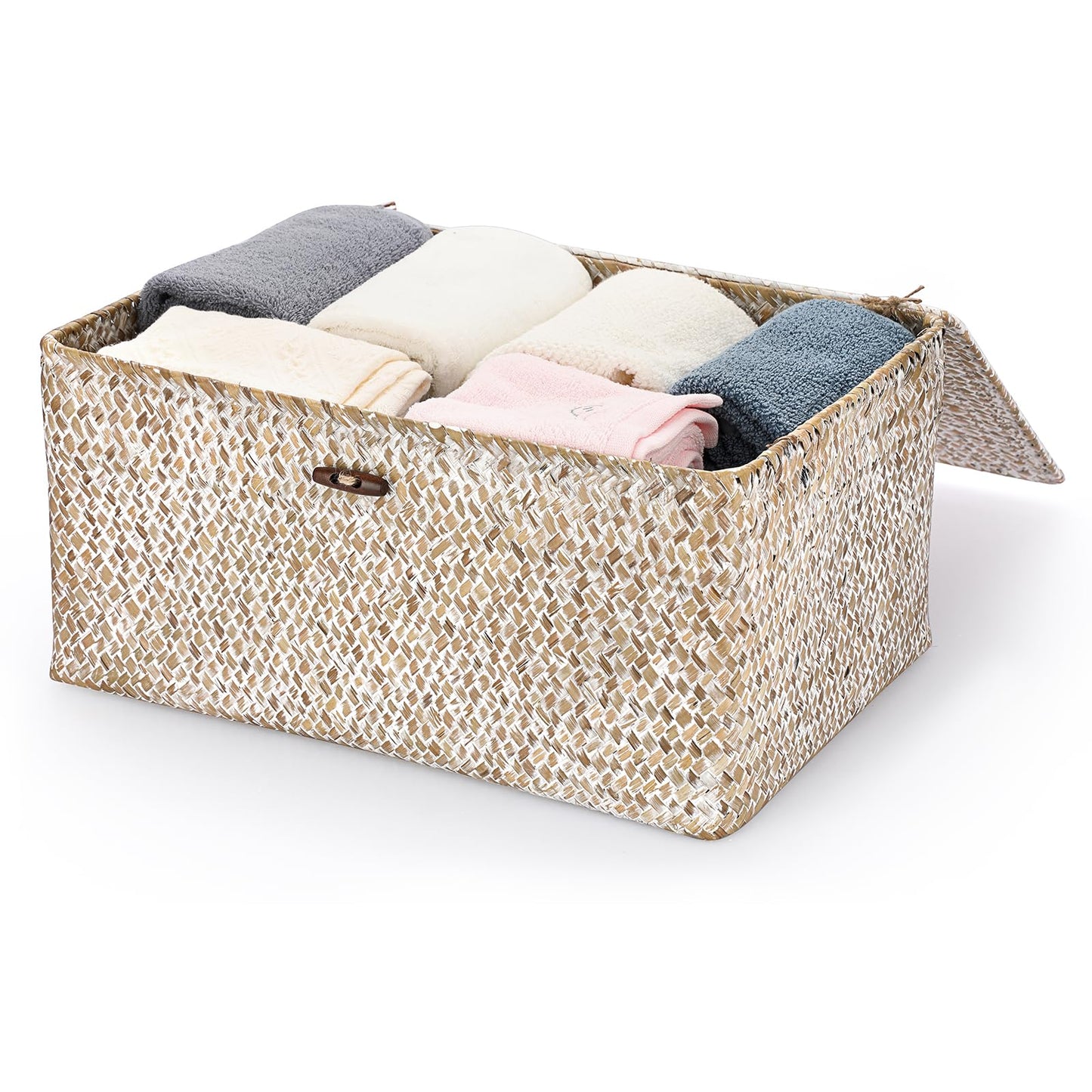 IGNPION Seagrass Storage Basket with Lid Woven Desktop Basket Bathroom Storage Organiser Box
