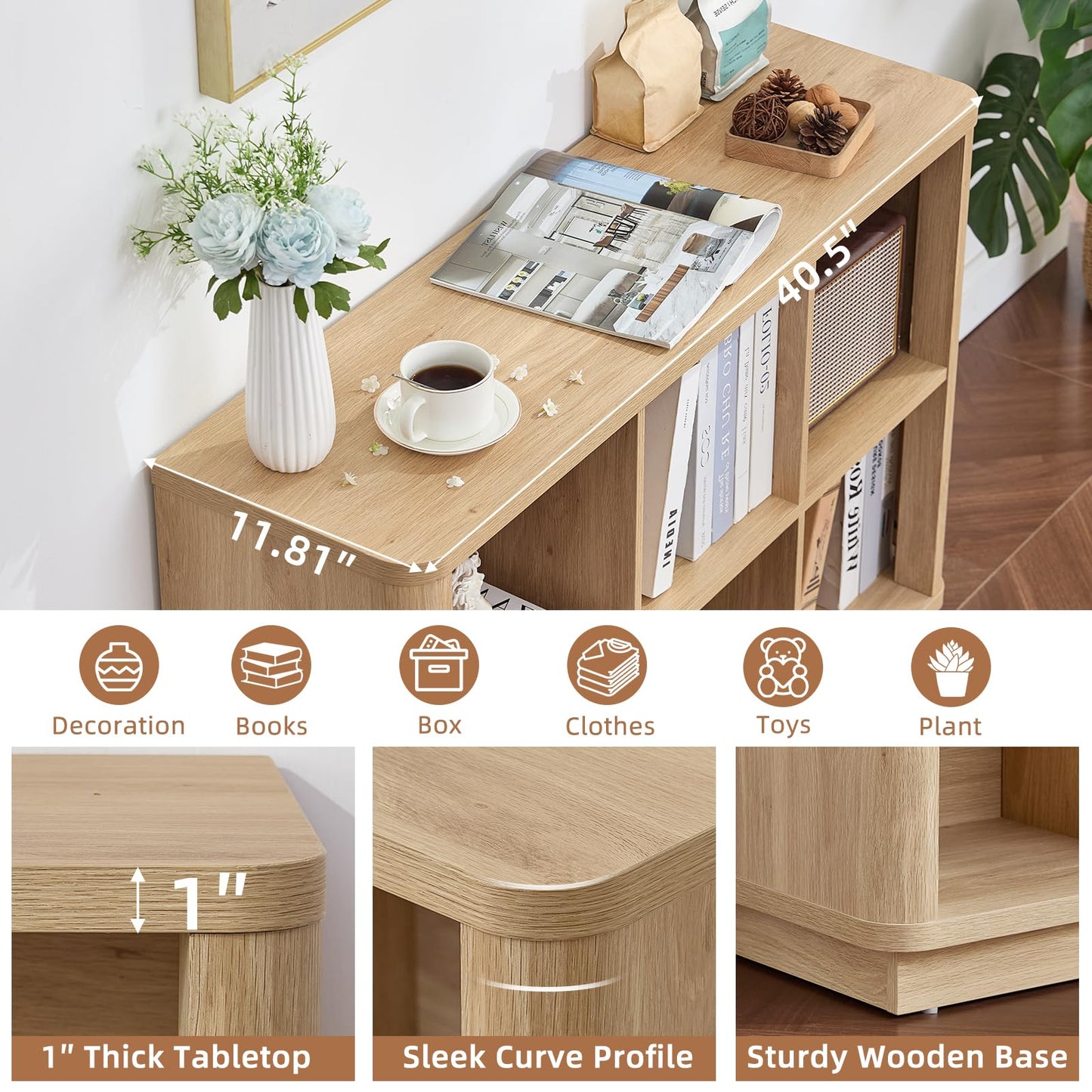 LELELINKY 6 Cube Storage Bookcase, 40" Wide Wooden Book Shelf with Thickened Base, Freestanding 2-Tier Open Book Case Unit with Curved Edge