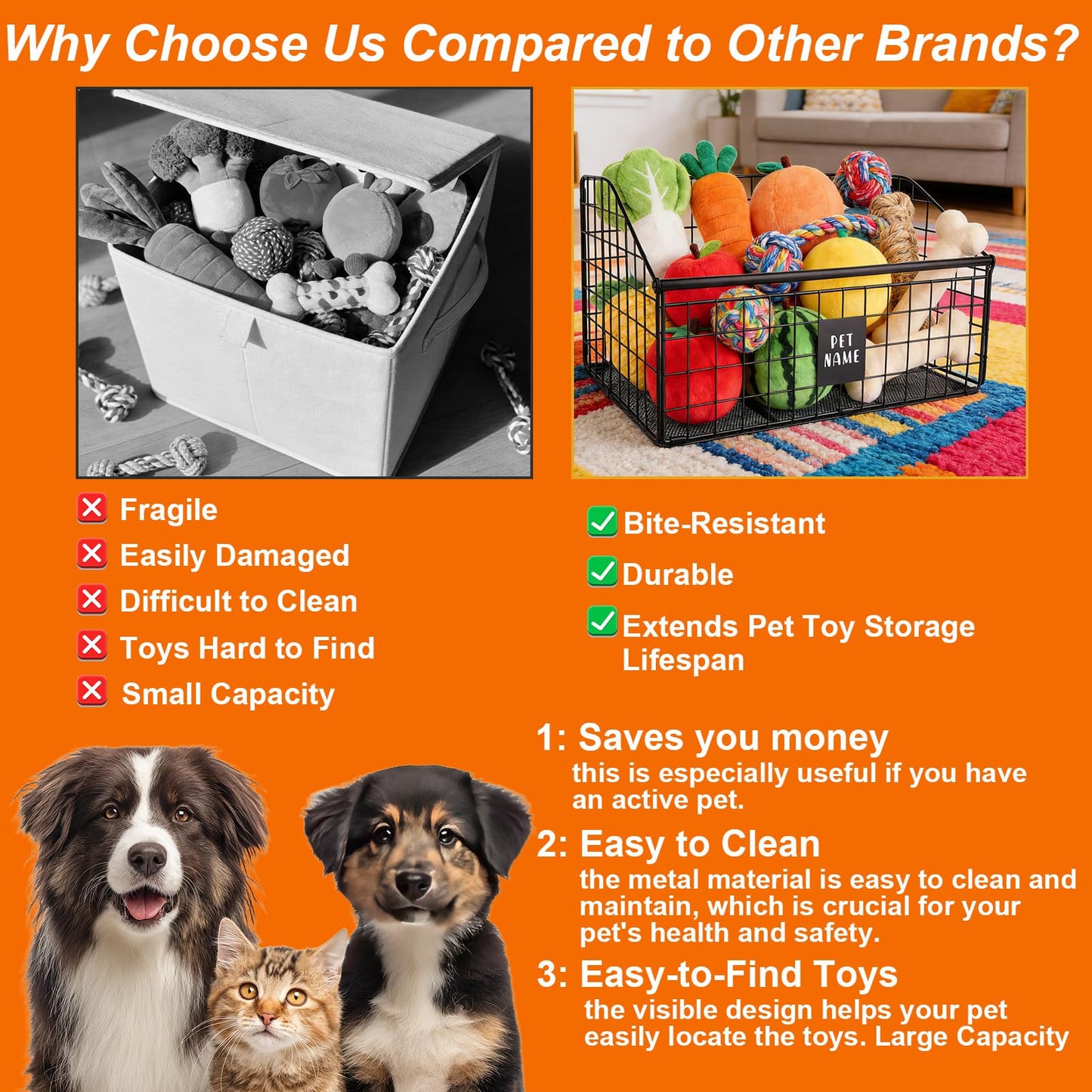 Penitue Indestructible Dog Toy Basket, 42.5x28x21.5cm/16.7x11x8.5in Metal Pet Storage Box Bin Holder for Chew Toys Bones and Treats Durable Toy
