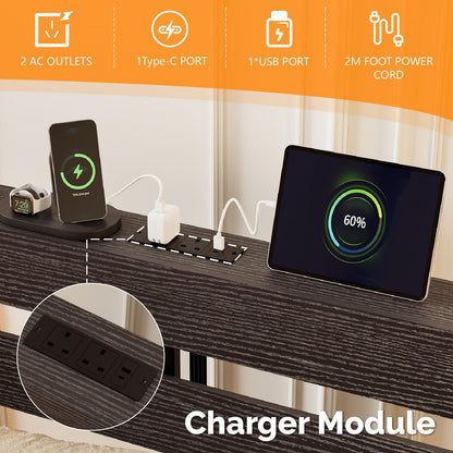 Bonnlo 4ft6 Double Bed Frame with Storage Headboard & LED Lights, 135x190cm, Metal Bed Frame with Charging Station USB/Type-C/2 Outlets