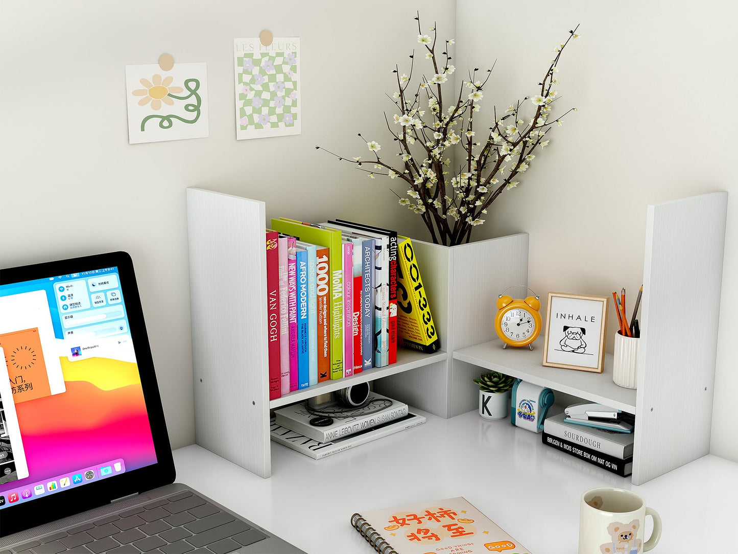 EasyPAG Wood Desktop Bookshelf Adjustable Desk Shelves Freestanding Home and Office Supplies Storage Display Shelf Desk Tidy Organiser,White