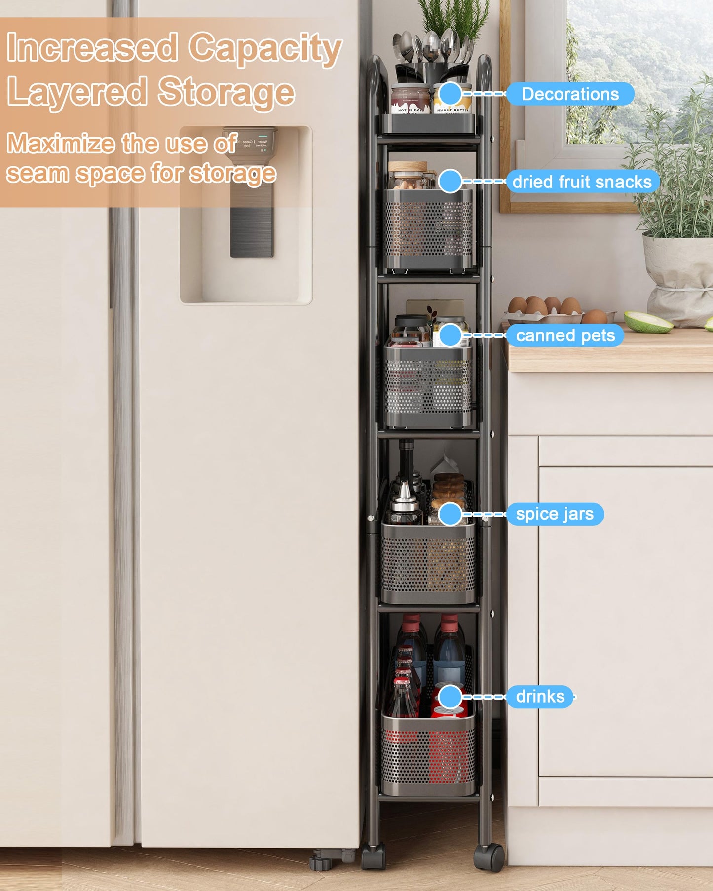 UMDONX Metal Kitchen Trolley with Pull out Drawer Basket Narrow 5 Tier