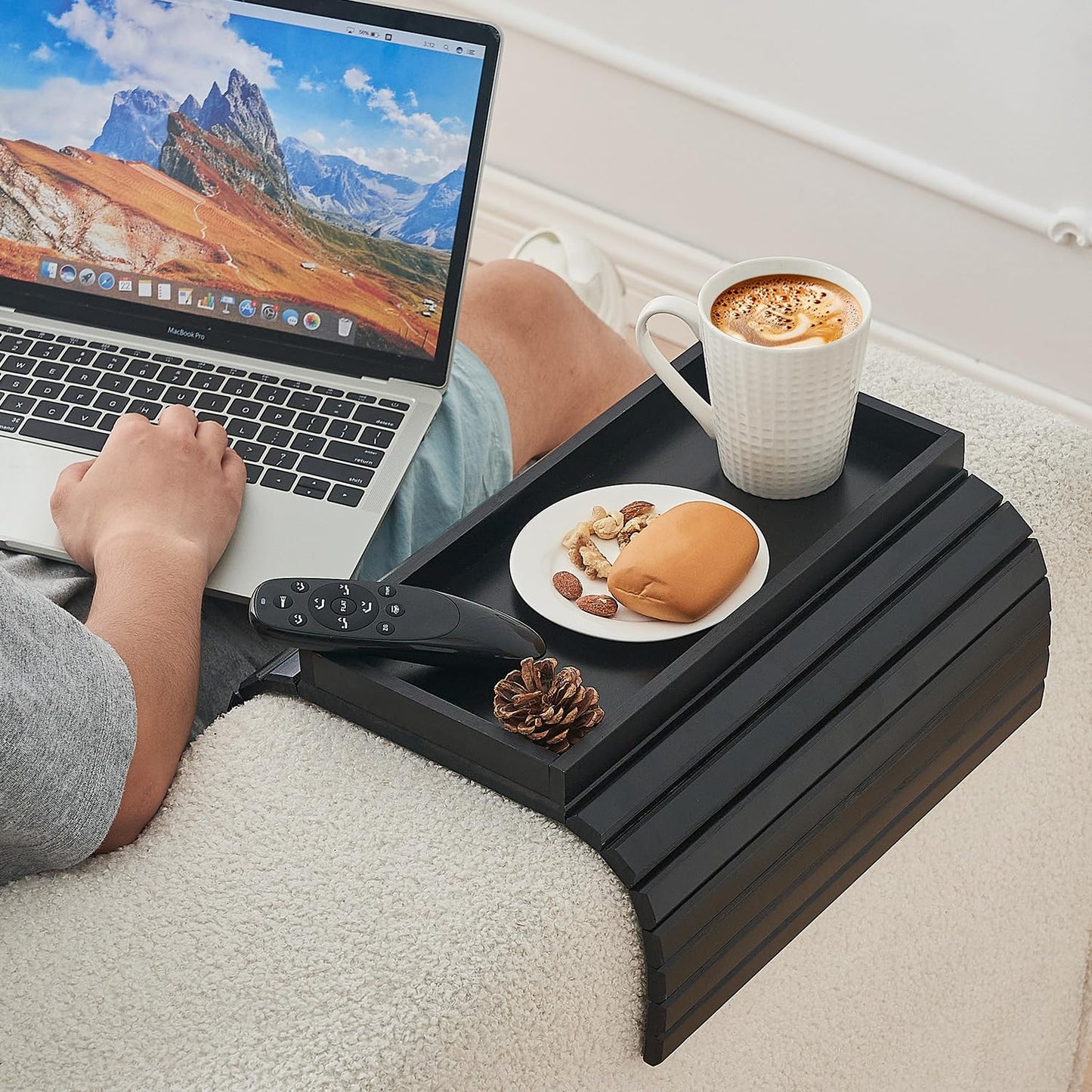LOVYANXUE Bamboo Sofa Arm Tray, Anti Falling Couch Arm Tray Table, Foldable Couch Armrest Table, Portable Sofa Armrest Trays Cup Holder for Drink