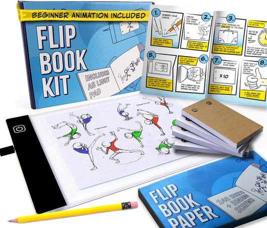 Molcey Flip Book Kit with LED Light Pad. Includes Flipbook Kit Starter Animation, 240 Sheets Blank Animation Paper and Instructions for Making Flip