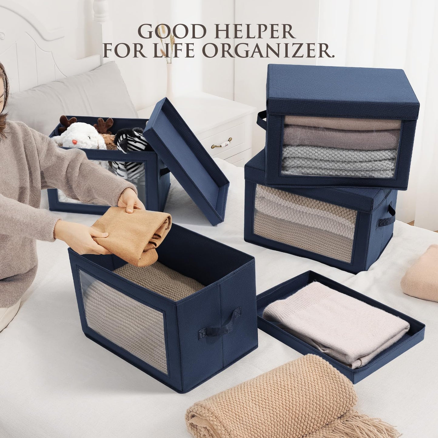 Homsorout Foldable Storage Boxes with Lids - 4 Pack Storage Cubes with Transparent Window Fabric Storage Organiser Box for Clothes, Books, Wardrobe
