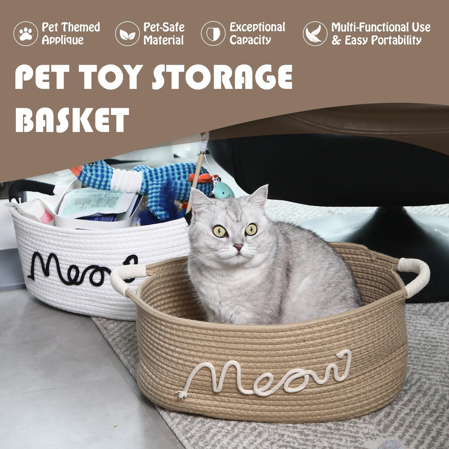 Sea Team Beige Meow Cotton Rope Storage Bin Pet Toy Food Shelf Basket