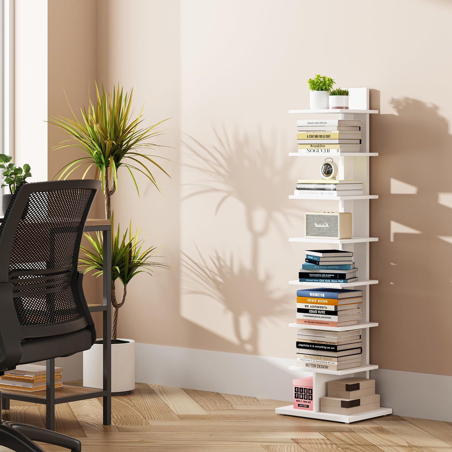 TUTOTAK Vertical Bookshelf, 8-Tier Bookcase, Narrow Spine Book Shelf for Small Space, Corner Standing Shelf for Living Room, Office, Study, Entryway