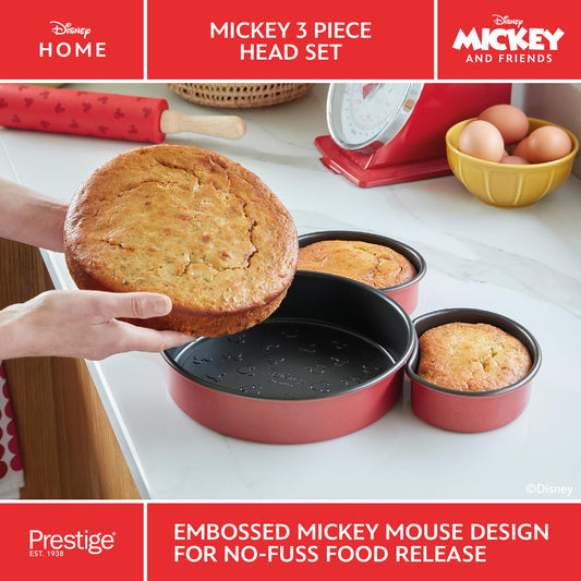 Prestige New Disney Bake with Mickey Mouse Bakeware Set with 3 Piece Mickey Head Cake Tin and Silicone Spatula Set of 2