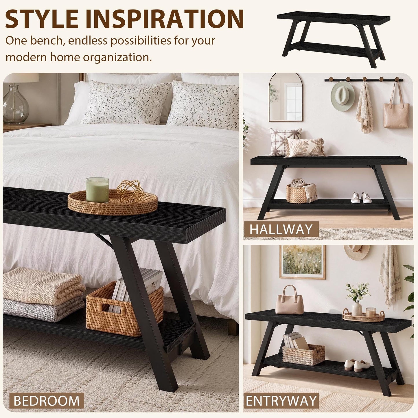 LVB Shoe Storage Bench Entryway Benches for Hallway 120cm Black Oak