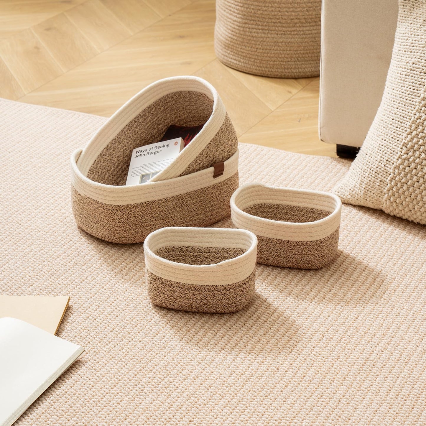 LA JOLIE MUSE Rope Storage Baskets, White & Desert, 4 Pack