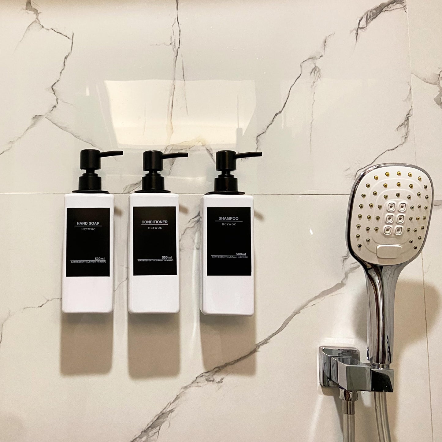 HCYWOC Shampoo and Conditioner Dispenser, No Drill, 16 Waterproof Labels