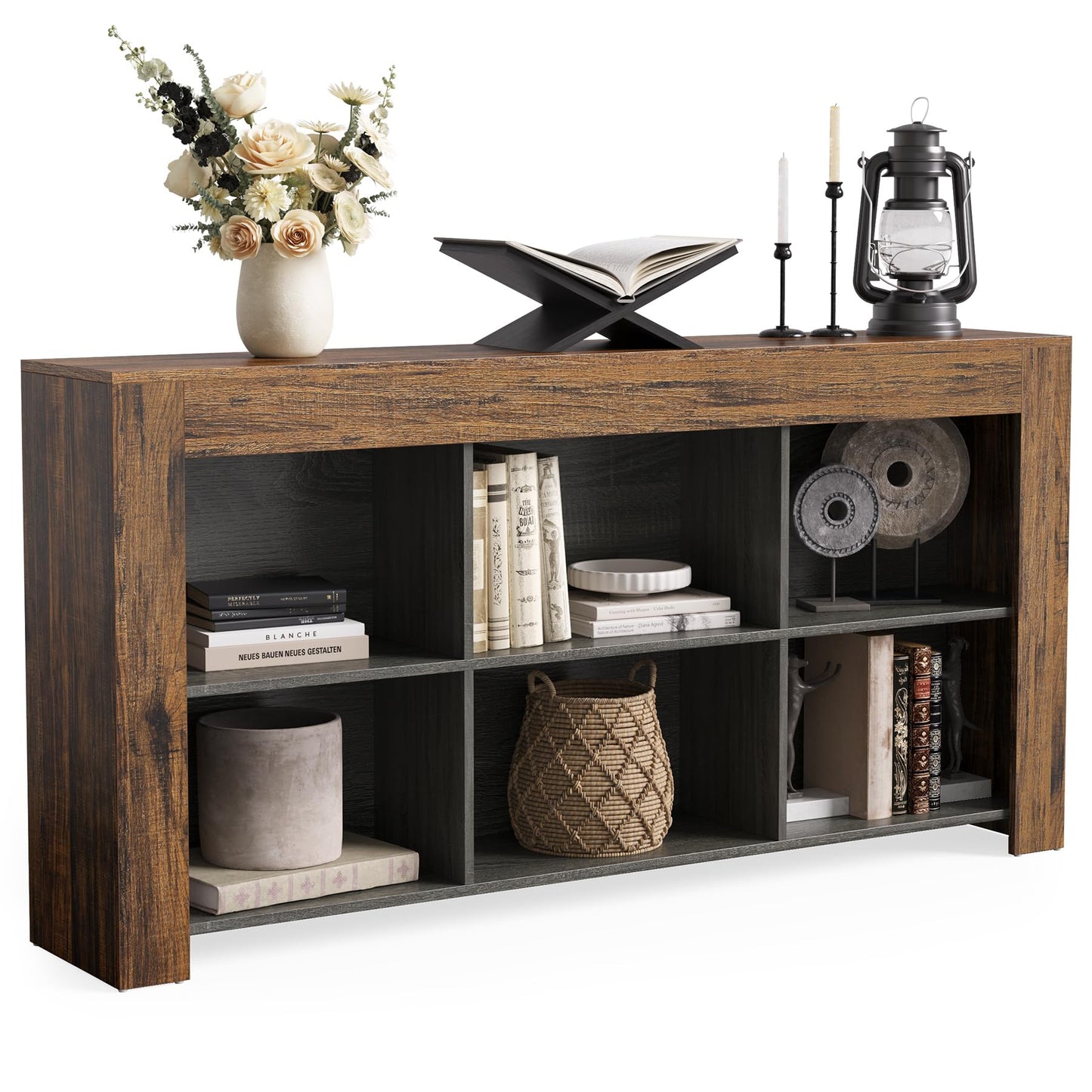 LITTLE TREE Console Table with Storage, 63-Inch Narrow Long Sofa Table, Entryway Table with 6 Cubes, Farmhouse Storage Shelves for Entryway