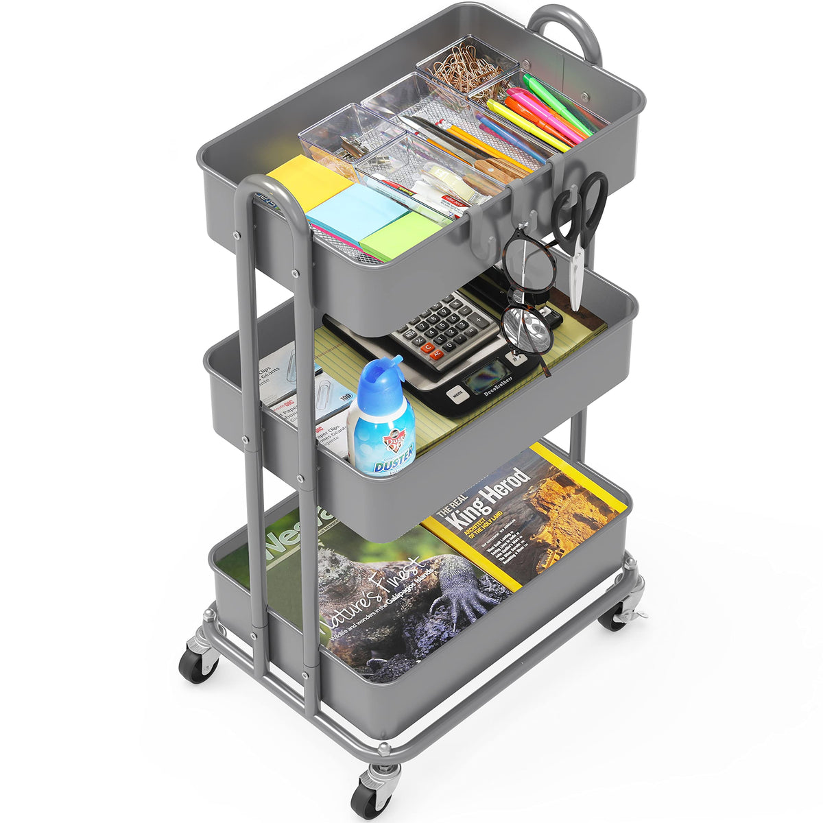 Simple Houseware Heavy Duty 3-Tier Metal Utility Rolling Cart, Silver