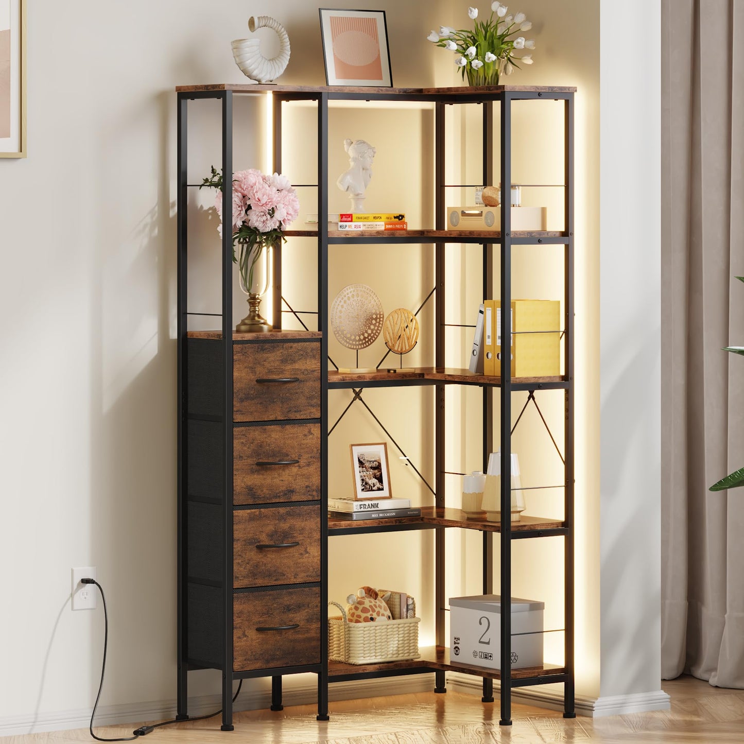 Corner Bookshelf Unit with 4 Fabric Drawers & LED Light, 5-Tier, Rustic