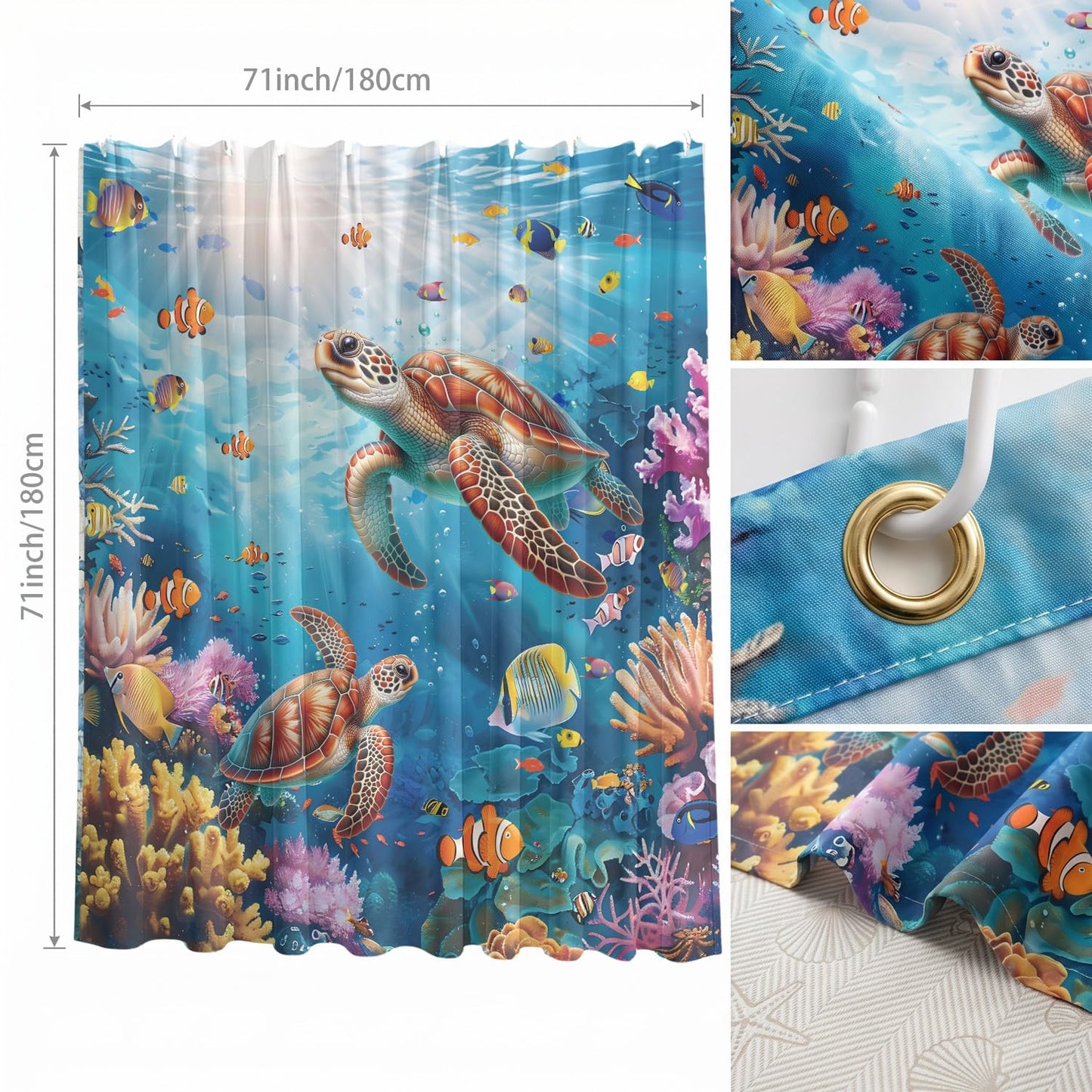 Luvart Shower Curtains for Bathroom, Sea Turtles Waterproof Shower Curtain 180 X 180 cm, Ocean Tropical Fishes Bath Curtain with Hooks Bathroom Decor