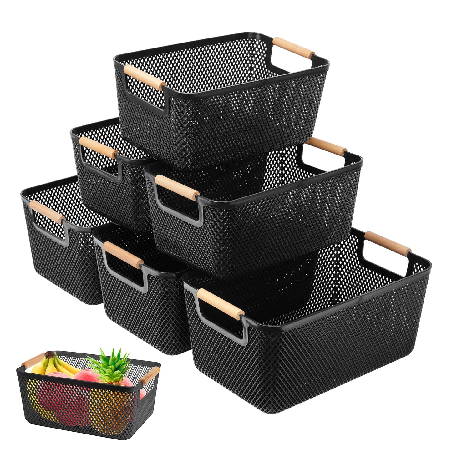 6 Pack Black Plastic Mesh Storage Baskets, Storage Box with Wooden Handles
