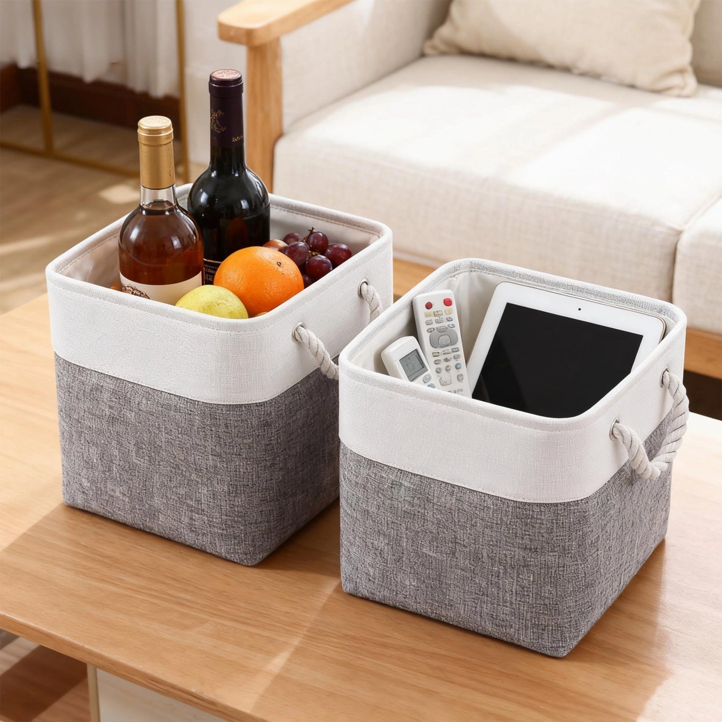 flaxarne Decorative Storage Basket with Rope Handles; 3-Pack Collapsible Storage Baskets for Shelves