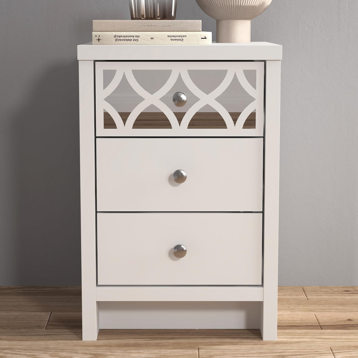 GFW Arianna 3 Drawer Bedside Table, White Bedroom Cabinet with Recessed Handles, Modern Nightstand Storage Unit