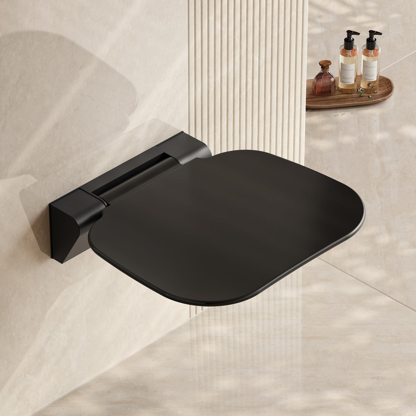 QEKE Foldable Shower Seat Wall Mounted, Bathroom Folding Chair for Saving Space, also as Shoe-Changing Stool, Black