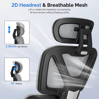 Ergonomic Office Chair, Mesh Desk Chair with Footrest, 90-135° Recline Home Chairs with Dynamic Lumber Support, 4D PU Armrest & Adjustable Headrest