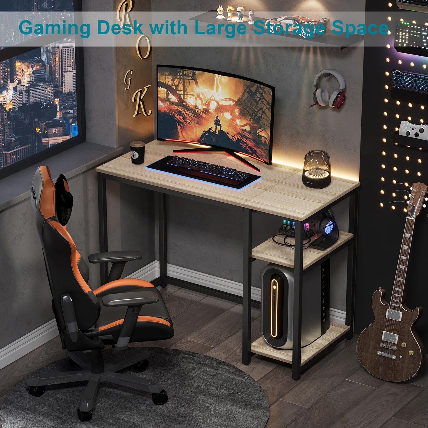 WOHOMO Computer Desk 100cm with 2-Tier Shelves Sturdy Home Office Desk with Large Storage Space Modern Gaming Desk Study Writing Laptop Table for