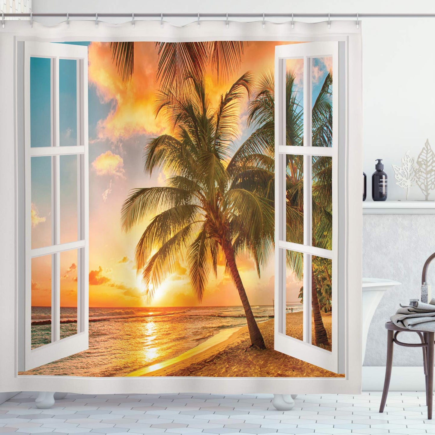 ABAKUHAUS Beach Shower Curtain, Sea Ocean Palm Tree Sunset Scenery House Wooden Windows of Art Pictures, Cloth Fabric Bathroom Decor Set with Hooks,
