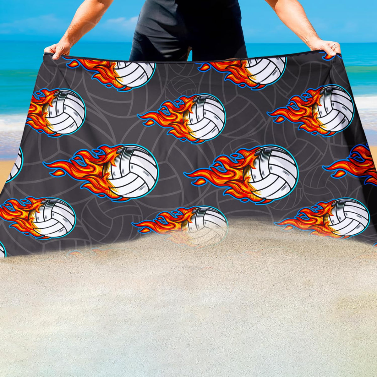 Violetpos Flaming Volleyball Beach Towel, Extra Large 180x90 cm 250GSM Microfibre, Sand Free Quick Dry