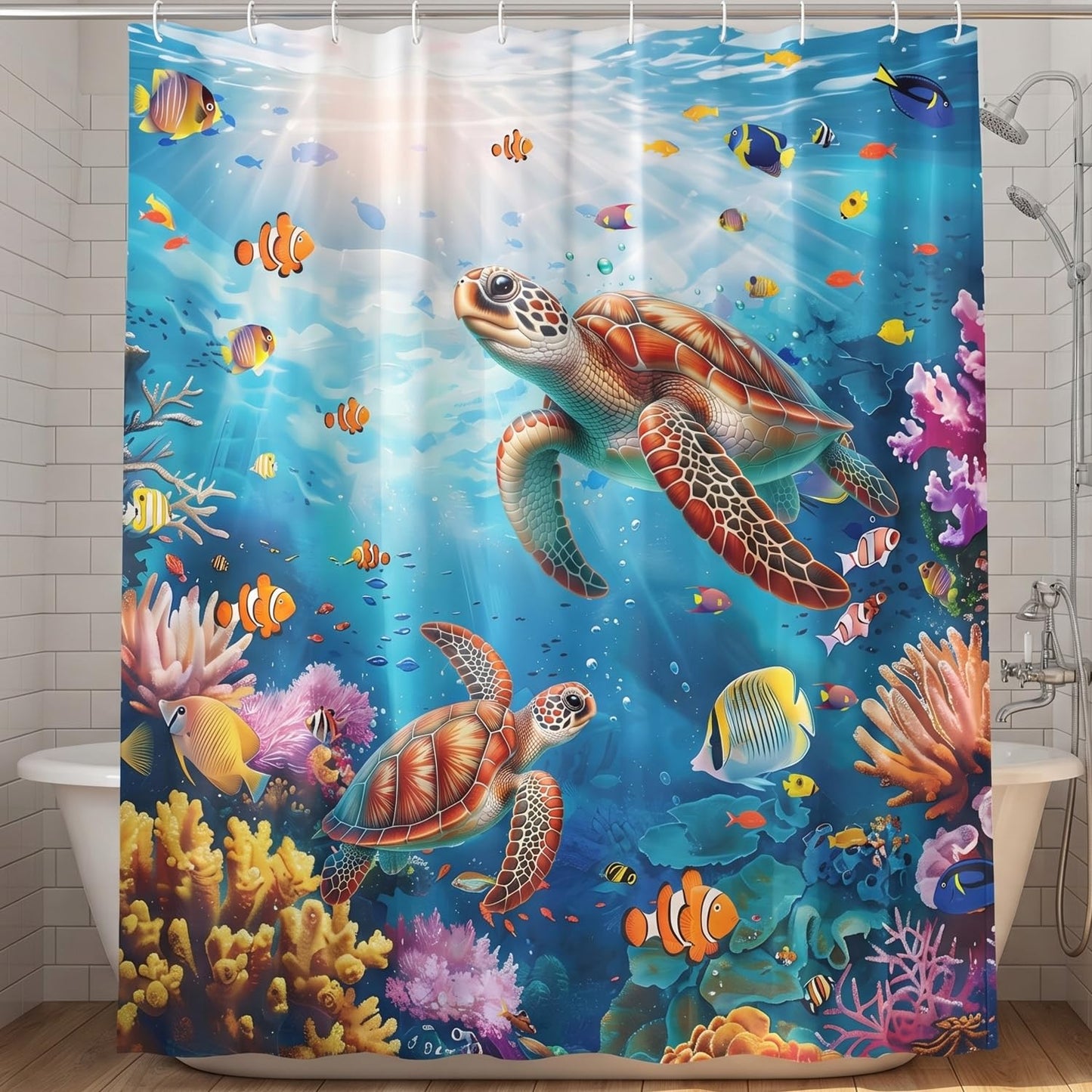 Luvart Shower Curtains for Bathroom, Sea Turtles Waterproof Shower Curtain 180 X 180 cm, Ocean Tropical Fishes Bath Curtain with Hooks Bathroom Decor